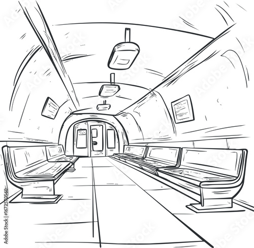 Black and white sketch of an empty subway station platform with benches and a tunnel interior.