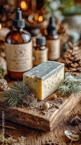 Natural Handmade Soap and Essential Oils on a Rustic Wooden Surface in a Cozy...
