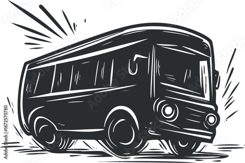 Black and white stylized illustration of a bus in motion representing public transportation and travel