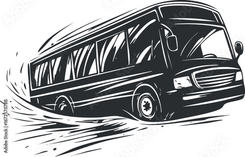 Black and white illustration of a speeding bus with dynamic motion lines, symbolizing travel and transportation.