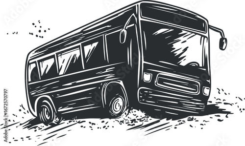 Black and white illustration of a bus driving on a road, representing public transportation and travel