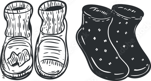 Illustration of two pairs of socks with different patterns in black and white style