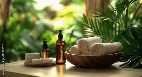 Relaxation Setup With Towels and Skincare Products in a Lush Natural Environm...
