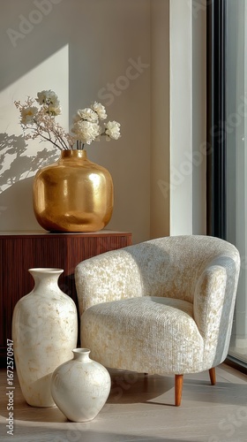 Stylish Interior Featuring Gold Vases and Modern Chair in Serene Living Space.