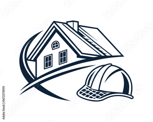 Home construction and safety concept illustration with house silhouette and hard hat depicting building and protection for construction and renovation