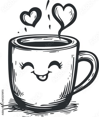 Illustration of a smiling coffee cup with heart-shaped steam expressing warmth and love