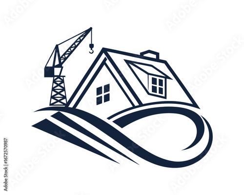 Construction Crane and House Building Logo with Modern Design Concept Illustration Vector Graphic for Real Estate Development and Architecture Firm