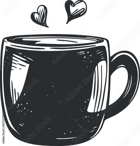 Hand-drawn black and white sketch of a coffee cup with two hearts rising above, symbolizing love and warmth.