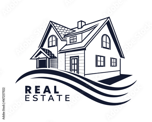 Elegant Real Estate Home Illustration with Wavy Design Element Ideal for Marketing and Branding Purposes showing Property Investment