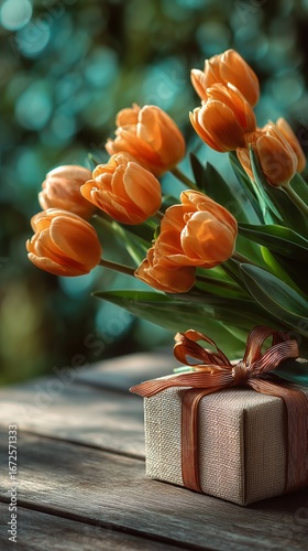 Beautiful Orange Tulips in a Gift Box Arrangement on Wooden Table With Soft B...