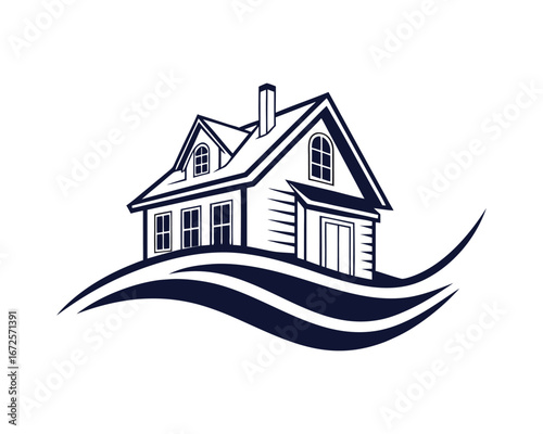 Elegant vector illustration of a cozy house with a chimney representing real estate and family home ownership in monochrome style