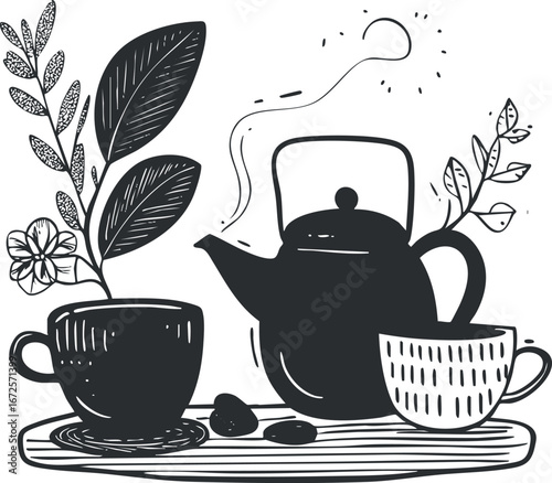 Black and white illustration of a teapot with two cups decorated with leaves and flowers on a wooden tray, steaming hot tea