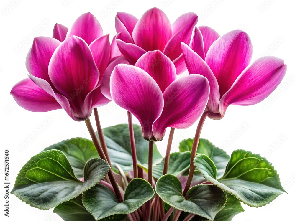 Obraz premium Striking closeup of vibrant pink Cyclamen flowers and foliage against white background