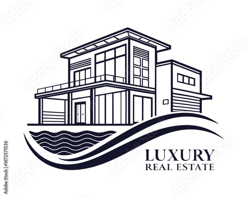 Luxury Real Estate Modern House Design Logo with Water Wave Concept Contemporary Architecture Branding and Identity Visual Graphic for Property Development Marketing