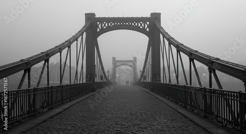 Misty bridge view with cobblestone path ornate railings and distant figures