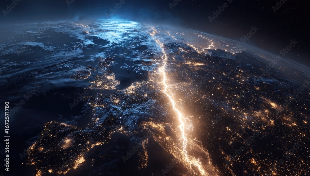 Fototapeta premium Earth's illuminated continents, viewed from space. A bright, lightning-like line divides the night side, showing city lights. Vast landmasses and clouds surround the central path