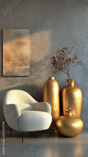 Elegant Interior Design Featuring Golden Vases and a Cozy Chair in a Modern S...