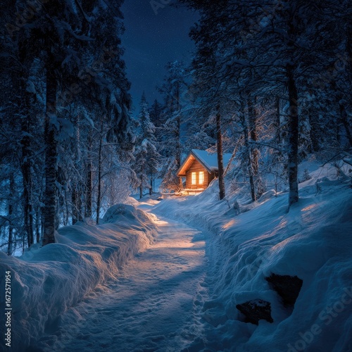 Snowy forest scene with a warm, inviting cabin glowing in the distance
