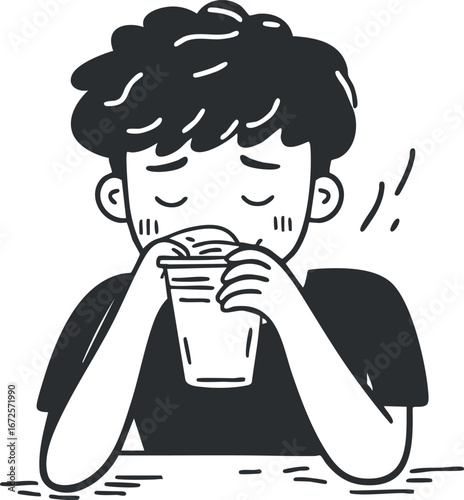 Black and white illustration of a young man drinking from a glass at a table, feeling refreshed.