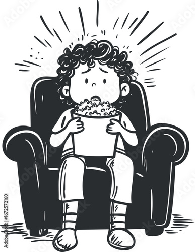 Black and white cartoon illustration of a child with curly hair sitting in an armchair eating popcorn while watching entertainment.