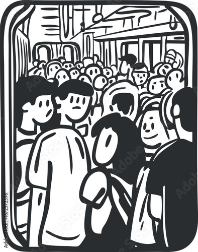 Black and white illustration of a crowded train interior filled with people commuting in public transportation.