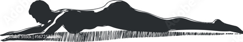 Silhouette of a woman laying prone on her stomach in a calm and relaxed pose, minimal black and white illustration.