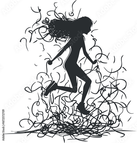 Silhouette of a woman jumping rope for fitness exercise with dynamic motion and tangled ropes