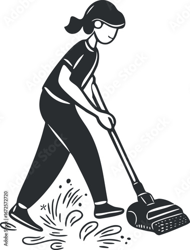 Silhouette of a woman vacuuming the floor in a home environment, performing household chores.