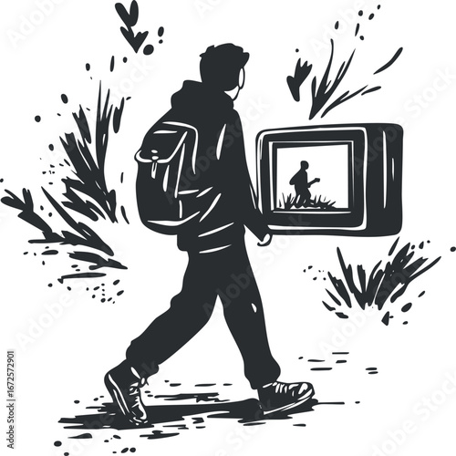 Silhouette of a person walking outdoors carrying a backpack and holding a monitor showing their silhouette