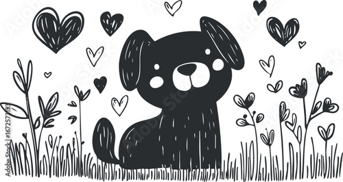 Black and white cartoon illustration of a cute puppy sitting in grass surrounded by heart shapes and plants.