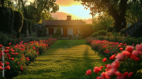 Sunset Light Casts a Warm Glow on a Peaceful Garden Path Surrounded by Vibran...