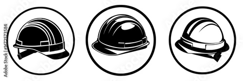 A bold black and white illustration of a hard hat inside a circle serves as the Construction Safety Icon, emphasizing safety in construction