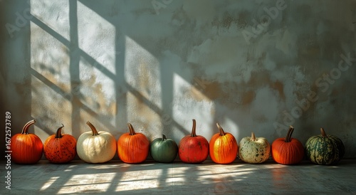 Colorful Pumpkins Arranged Indoors Casting Shadows in a Warm Atmosphere Durin...