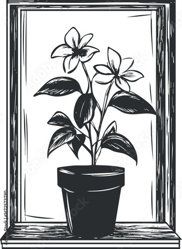 Black and white illustration of a flowering plant in a pot placed on a windowsill with a wooden frame
