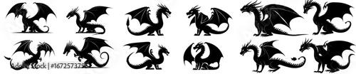 A collection of four black dragon silhouettes in different poses is featured, highlighting intricate wings, tails, and intense facial expressions, ideal for fantasy designs, tattoos, or mythological