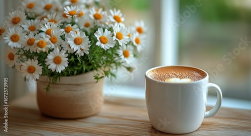 Freshly Brewed Coffee Next to Blooming Daisies Indoors in a Cozy Setting