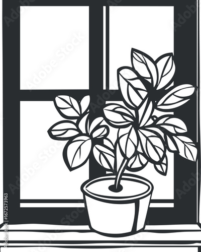 Black and white illustration of a potted plant with leaves on a window sill inside a room