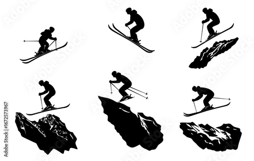 A modern winter scene is depicted in the silhouette of a skier jumping over a ramp in the snow with arms stretched out to the sides