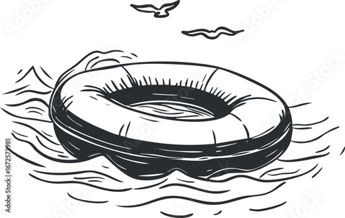 Black and white illustration of a lifebuoy floating on ocean waves with birds flying overhead symbolizing water safety and rescue