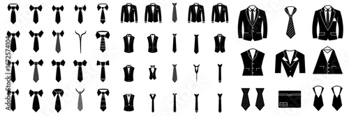 Suit Up is a collection of sleek and stylish black and white icons that showcase different components of formal wear, such as suits, jackets, bow ties, and ties, ideal for symbolizing sophistication