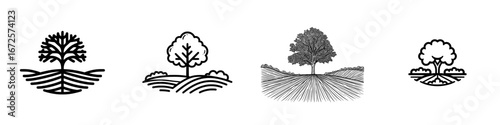 The Tree and Hill Icon represents a potent symbol of growth, nature, and community through its simple yet striking depiction of a tree set against rolling hills, ideal for use in branding, website