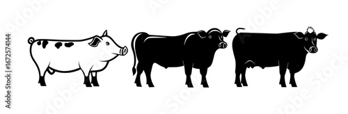 Modern design features silhouettes of animals, including farm animals like chicken, fish, duck, pig, sheep, lamb, and cow as icons