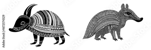 An armadillo's modern silhouette, depicted in simple black and white, stands out on a white background