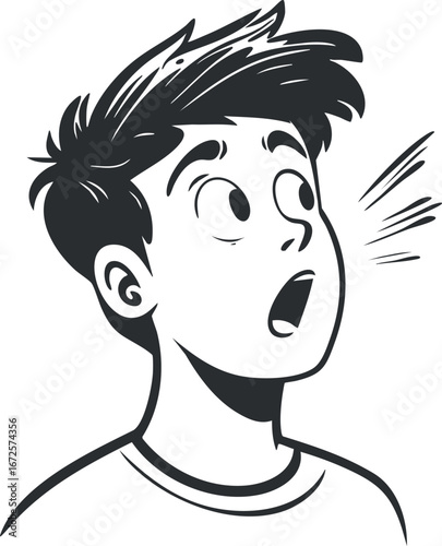 Black and white cartoon illustration of a surprised boy with open mouth and expressive face