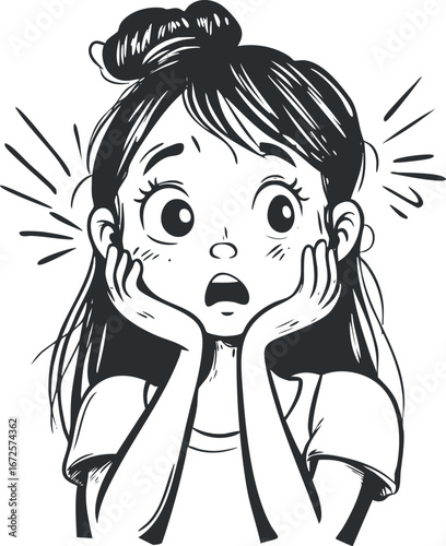 Black and white cartoon illustration of a surprised young girl with hands on her cheeks showing shock and emotion.