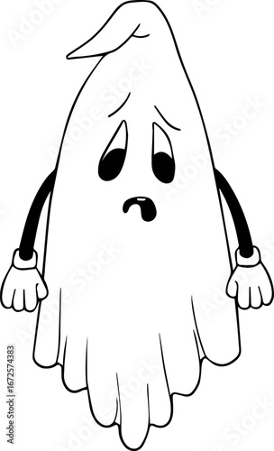 Sad ghost black and white rubber hose cartoon