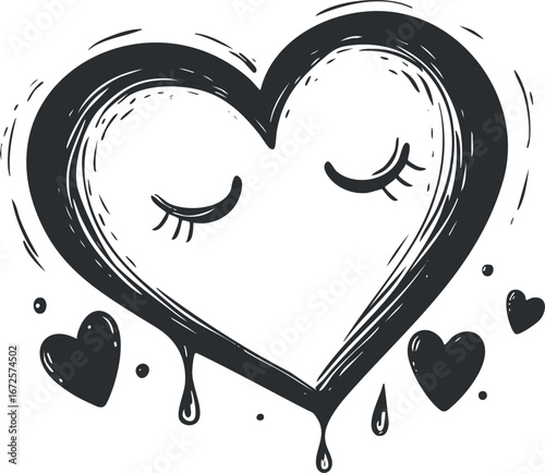 Hand drawn black and white heart illustration with closed eyes and dripping effect symbolizing love and emotion