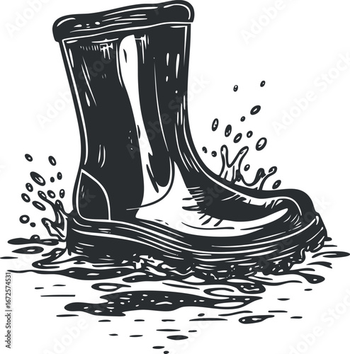 Black and white illustration of a rubber boot splashing in a puddle of water and mud