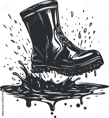 Black and white illustration of a boot splashing into a puddle of water or mud, symbolizing rainy weather and outdoor protection.