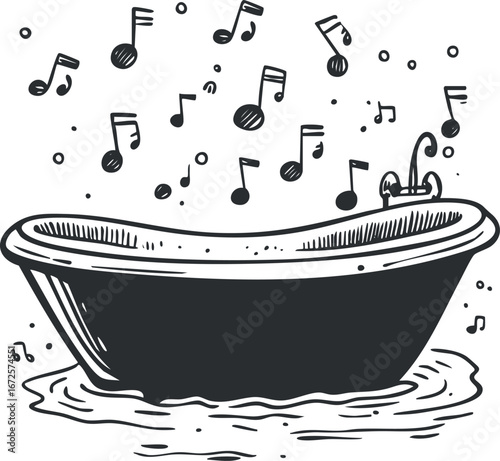 Black and white illustration of a bathtub surrounded by floating musical notes symbolizing relaxation and music